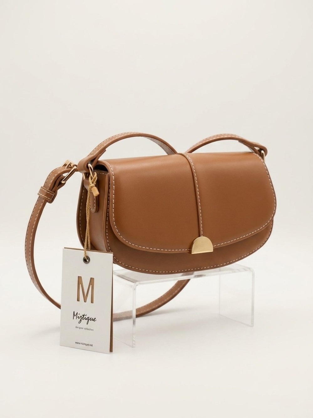 Mystique Boutique Brown Saddle-Style Crossbody Bag with Gold Accent